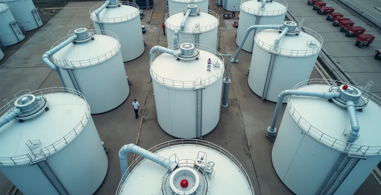 Vue aérienne d'une installation de citerne gaz en milieu industriel