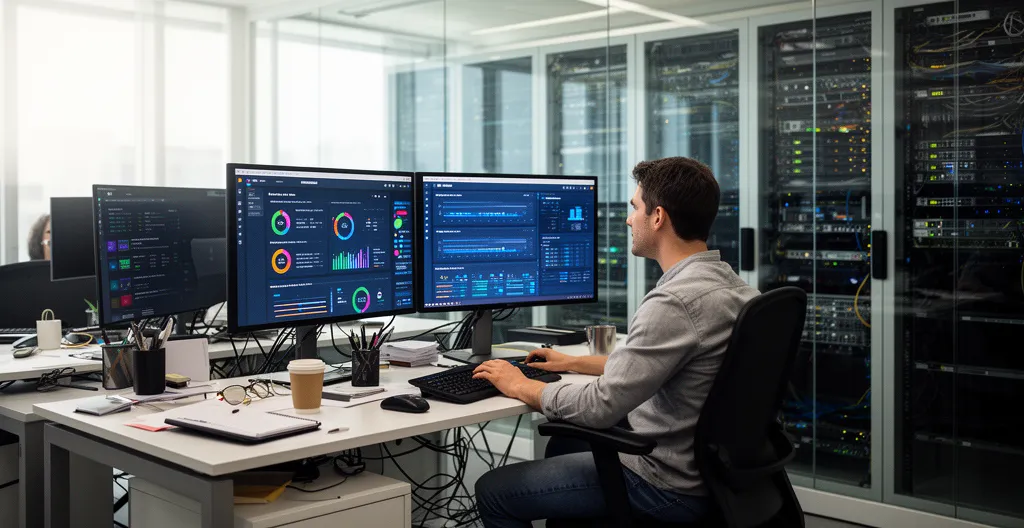 Professionnel IT analysant un tableau de bord de sécurité sur écrans