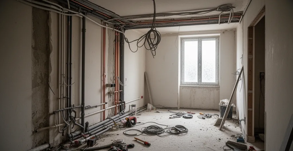 Chantier de rénovation désorganisé avec travaux plomberie et électricité en attente dans le Maine-et-Loire