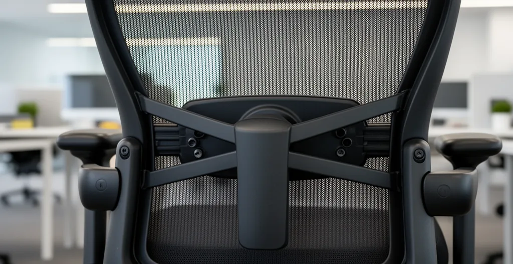 Détail du soutien lombaire réglable sur chaise ergonomique de bureau