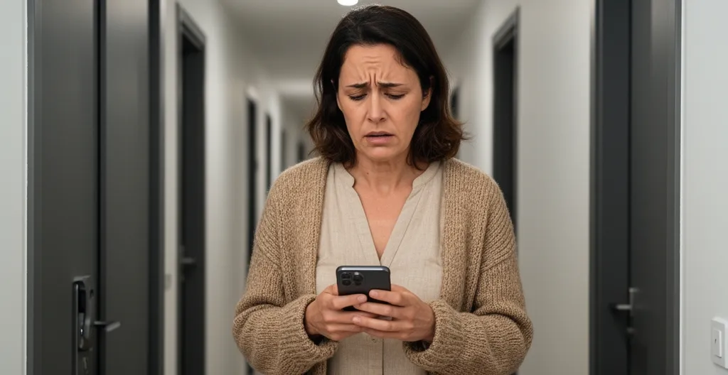 Propriétaire consultant son téléphone devant sa porte d'entrée en Haute-Savoie