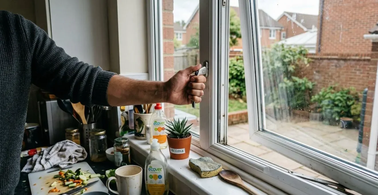 Une main pousse une fenêtre pour l'ouvrir dans une cuisine aux tons clairs