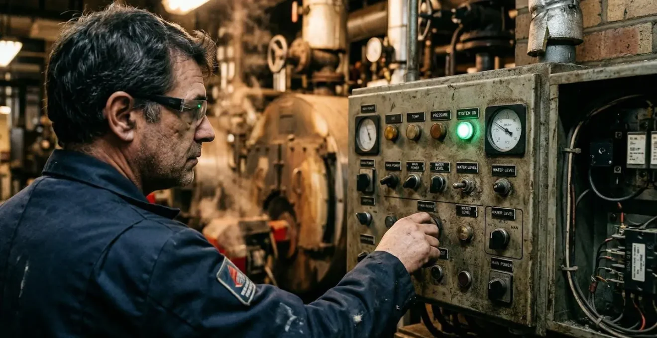 Vue par-dessus l'épaule d'une personne observant le panneau de contrôle d'une chaudière murale avec un voyant allumé