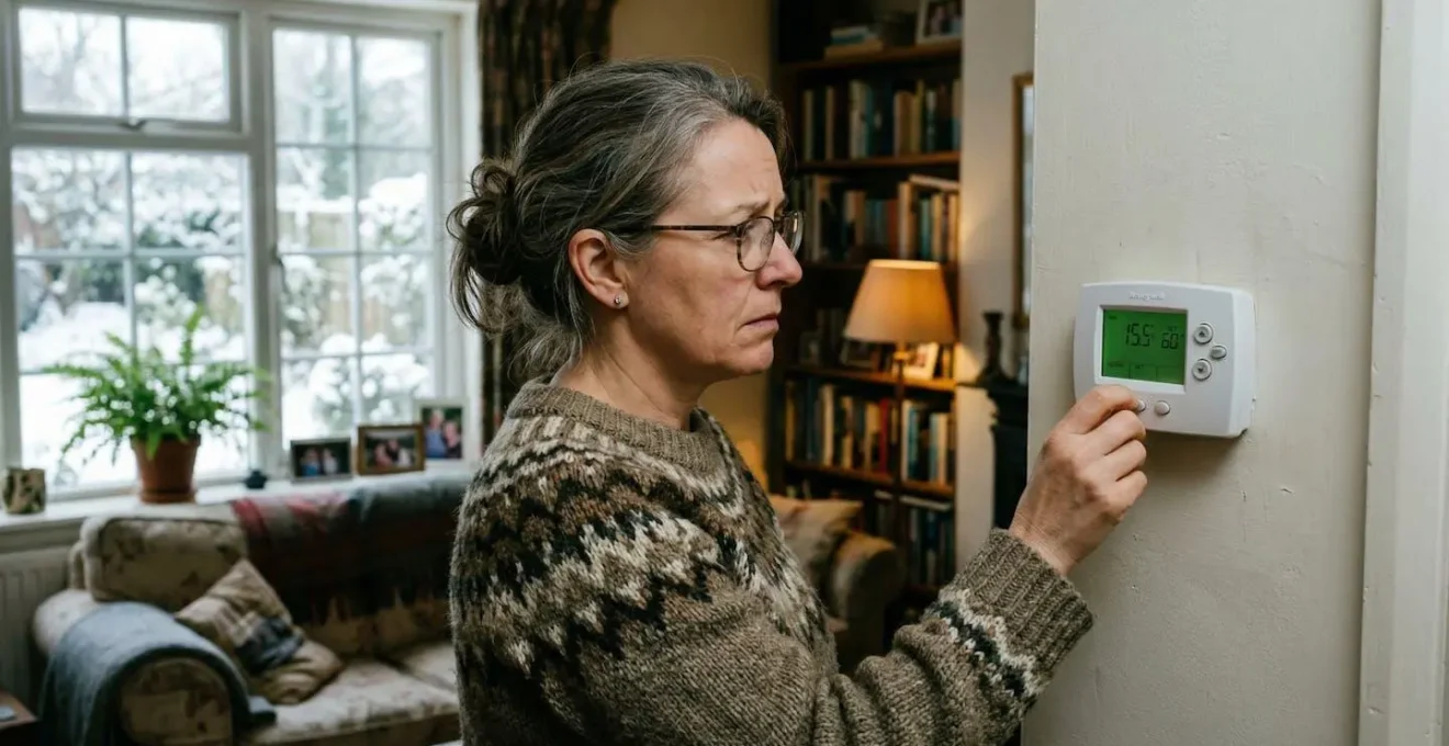 Une personne en pull épais consulte un thermostat mural dans un salon faiblement éclairé par la lumière d'hiver