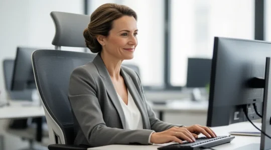 Professionnelle travaillant confortablement sur chaise ergonomique de bureau