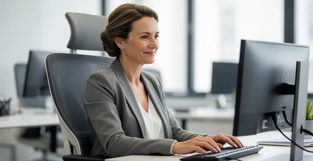 Professionnelle travaillant confortablement sur chaise ergonomique de bureau