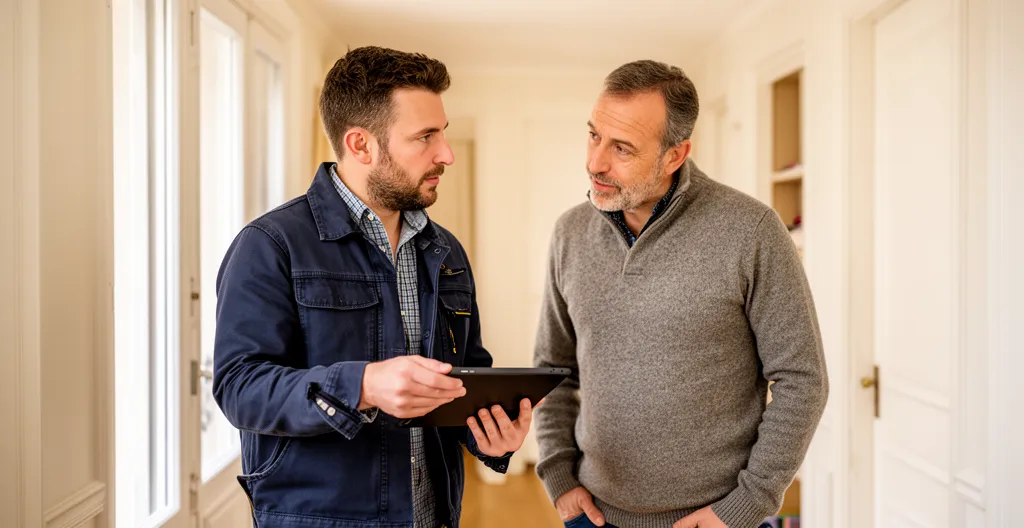 Discussion entre un serrurier et son client dans un appartement de Haute-Savoie