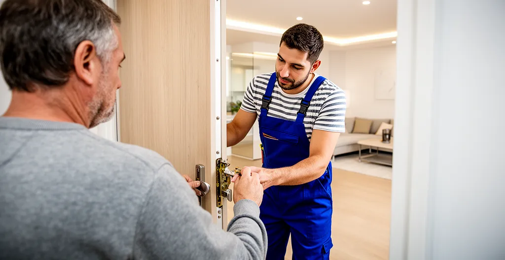 Artisan serrurier examinant une serrure de porte d'entrée en Haute-Savoie