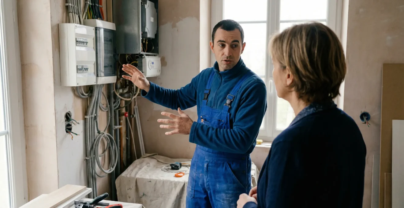 Technicien en tenue de travail expliquant une installation à un propriétaire lors d'une rénovation à Cholet