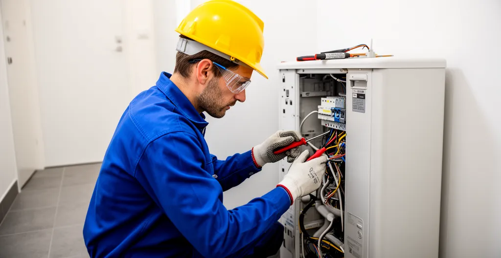 Technicien certifié installant une pompe à chaleur dans une maison à Cholet