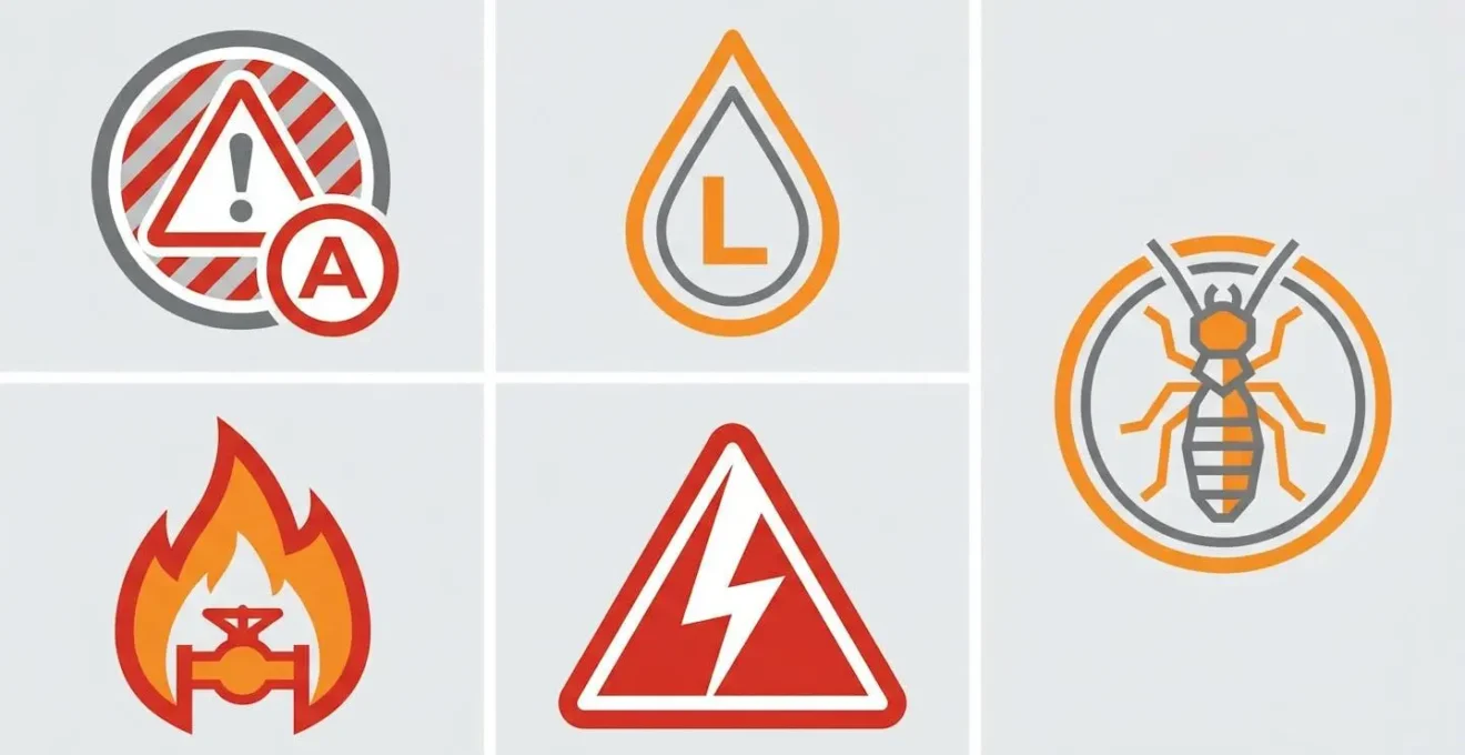 Icones representing different home hazards: asbestos, lead paint, termites, gas