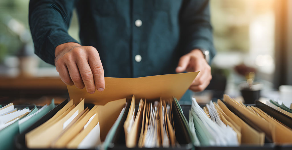 Salle d'archives professionnelle avec rangées de classeurs de conservation documentaire étiquetés par années