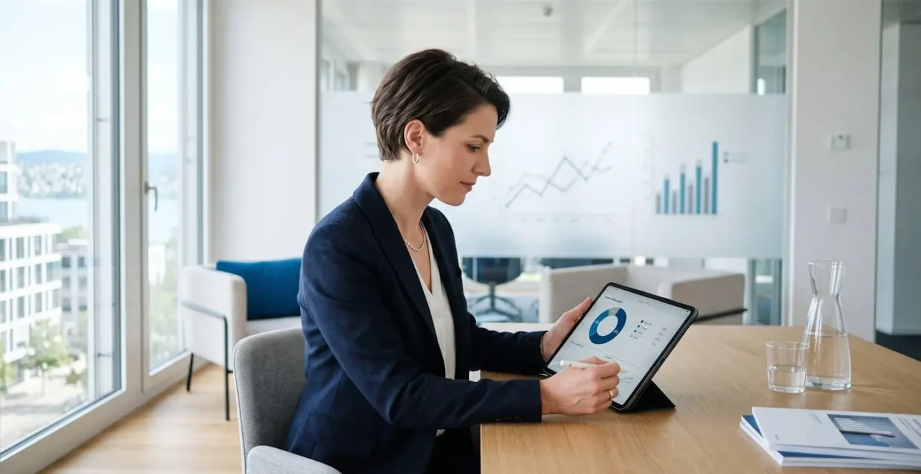 Conseiller financier consultant des documents d'allocation d'actifs sur tablette dans un bureau moderne