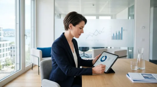 Conseiller financier consultant des documents d'allocation d'actifs sur tablette dans un bureau moderne