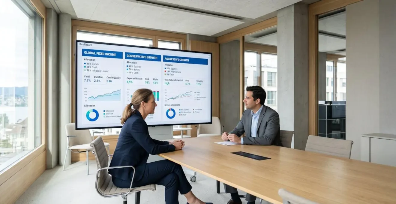 Dashboard financier professionnel affichant trois colonnes d'allocation d'actifs différentes sur écran moderne