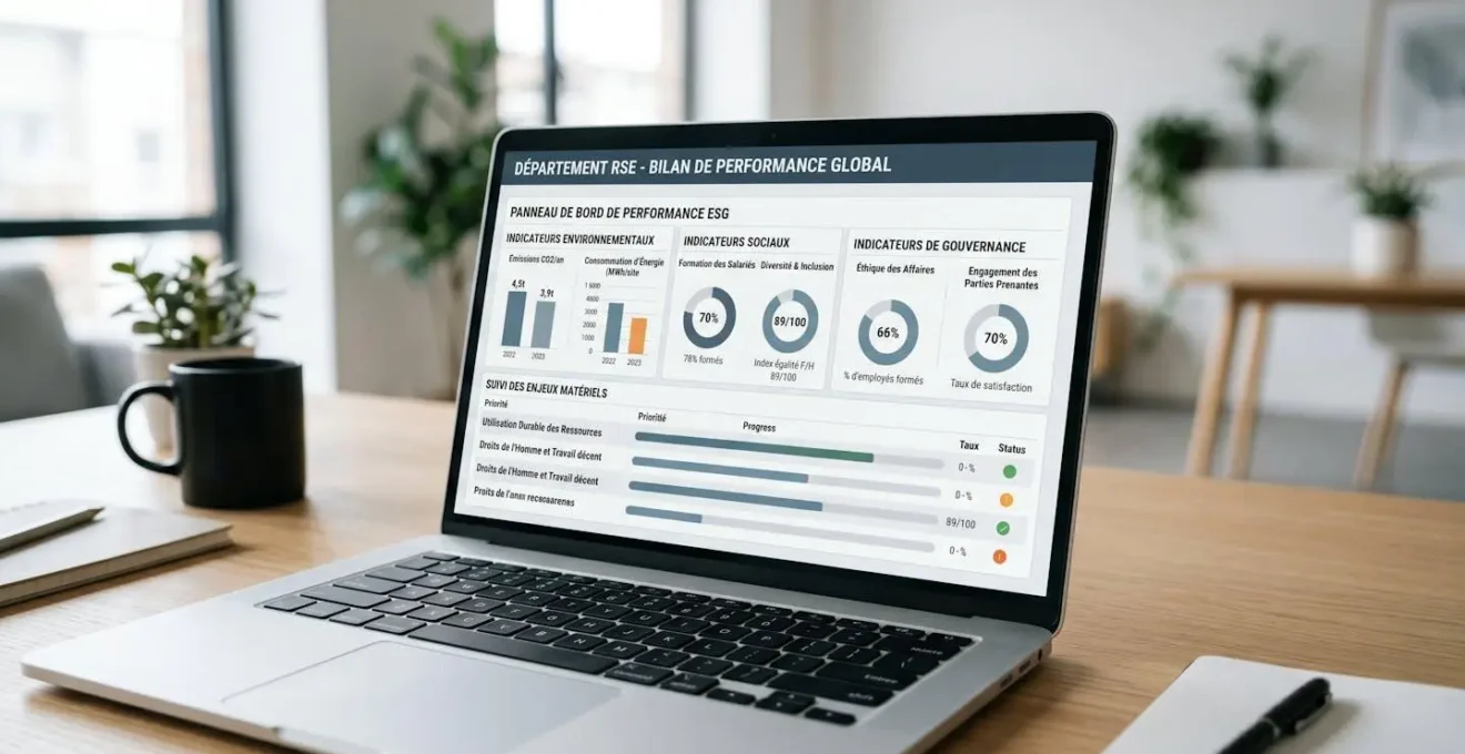Écran d'ordinateur portable affichant un tableau de bord RSE avec indicateurs de performance ESG et graphiques de suivi des enjeux matériels dans un bureau contemporain