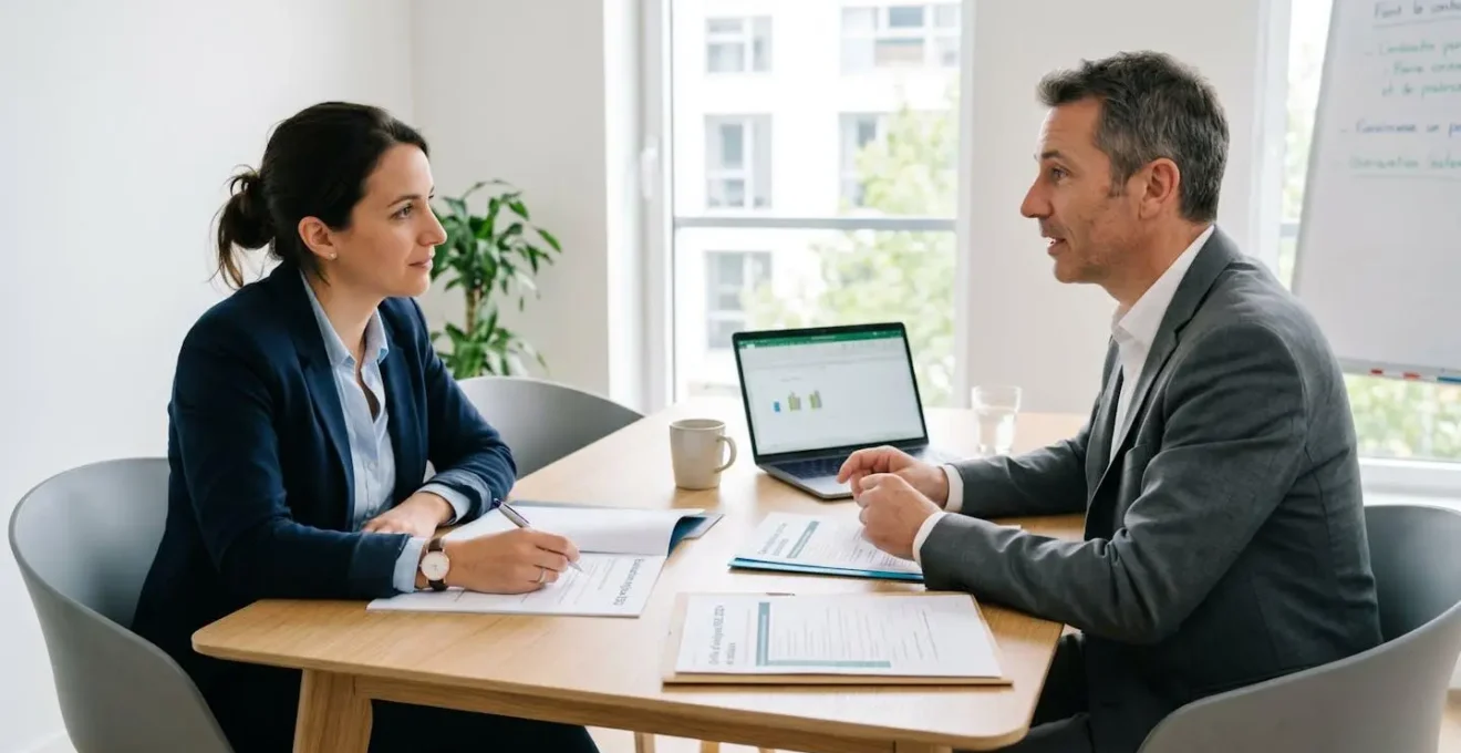 Entretien professionnel entre un responsable RSE et un représentant de partie prenante avec documents d'évaluation ESG sur la table, illustrant la phase de consultation pour la matrice de matérialité