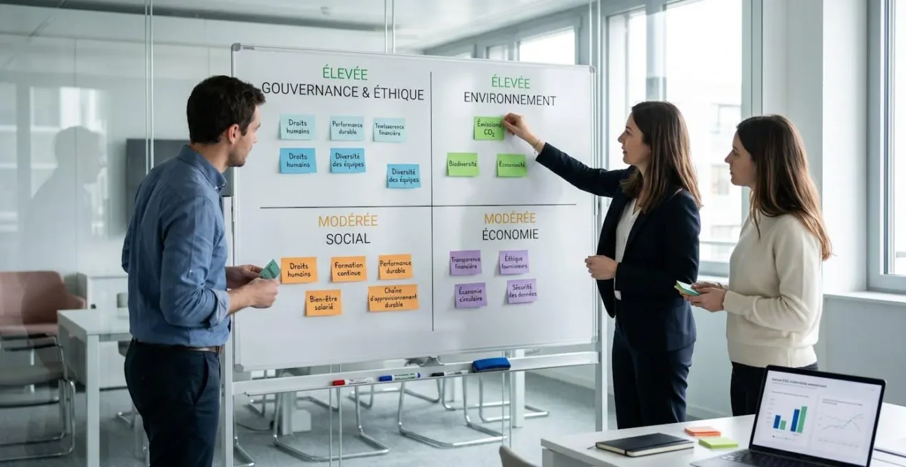 Équipe de trois professionnels travaillant collaborativement devant un tableau blanc où sont organisées des vignettes colorées en matrice 2x2 pour prioriser les enjeux ESG lors d'un atelier de construction de matrice de matérialité