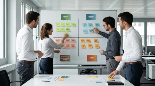 Équipe de trois professionnels travaillant collaborativement devant un tableau blanc où sont organisées des vignettes colorées en matrice 2x2 pour prioriser les enjeux ESG lors d'un atelier de construction de matrice de matérialité