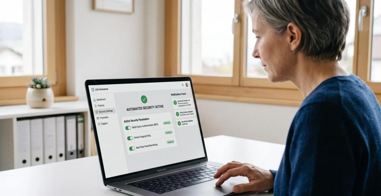 Interface de gestion d'assurance vie affichant les paramètres de sécurisation automatique activés sur écran d'ordinateur