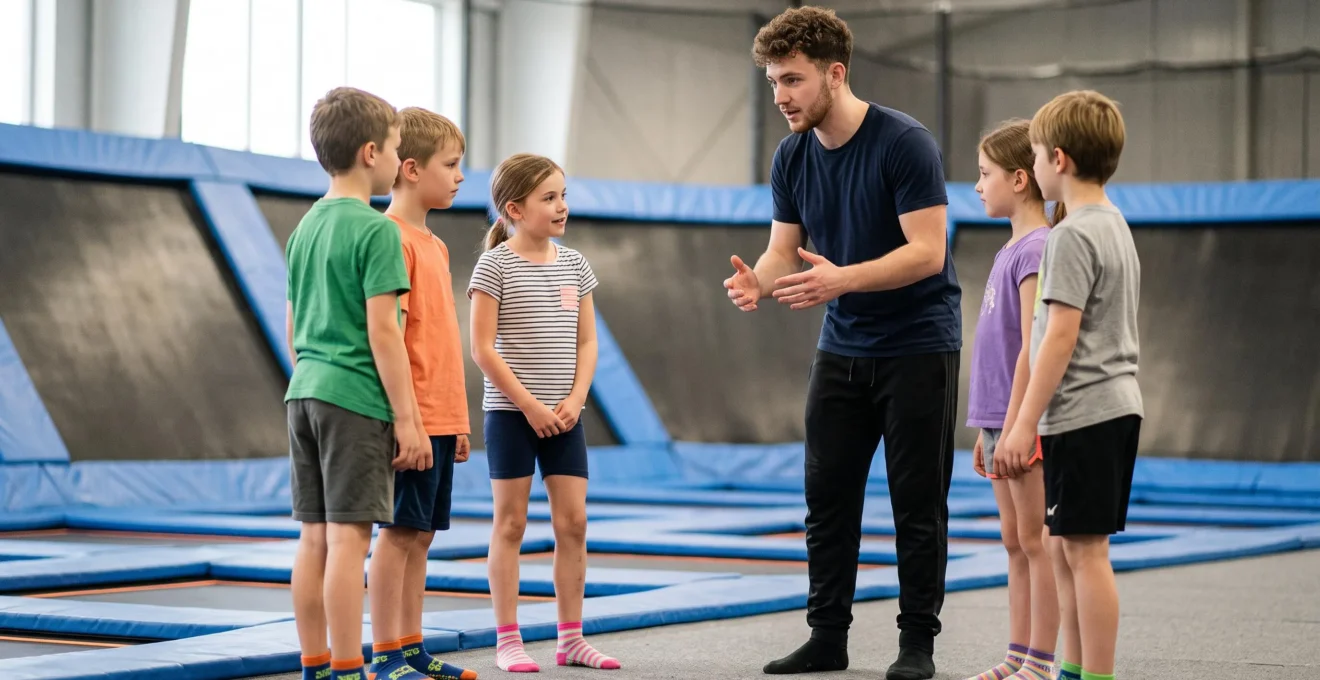 Animateur expliquant les consignes de sécurité à un groupe d'enfants dans un trampoline park