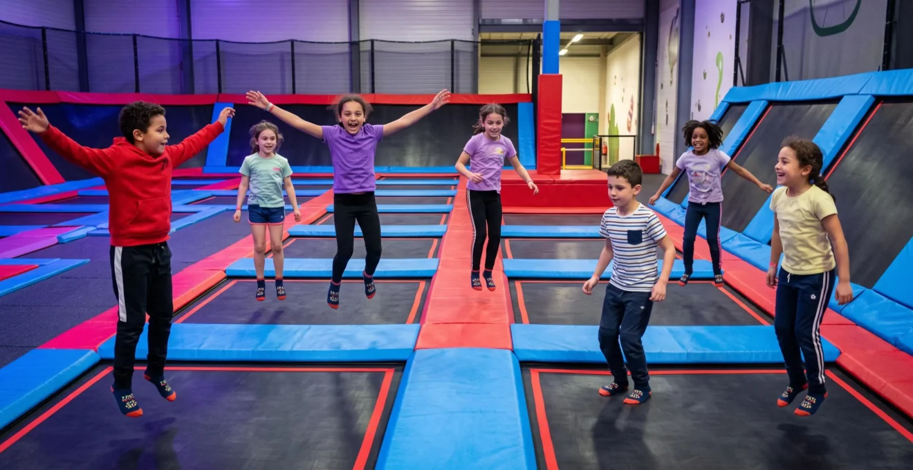 Groupe d'enfants sautant activement sur des trampolines interconnectés dans une zone privatisée d'un trampoline park indoor