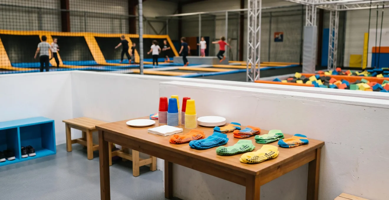 Espace détente avec table de goûter et chaussettes antidérapantes dans une zone privatisée de trampoline park