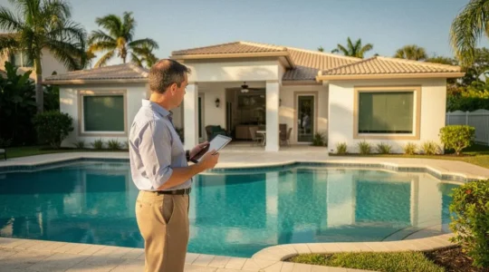 Property manager inspectant une villa locative avec piscine en Floride, tablette en main