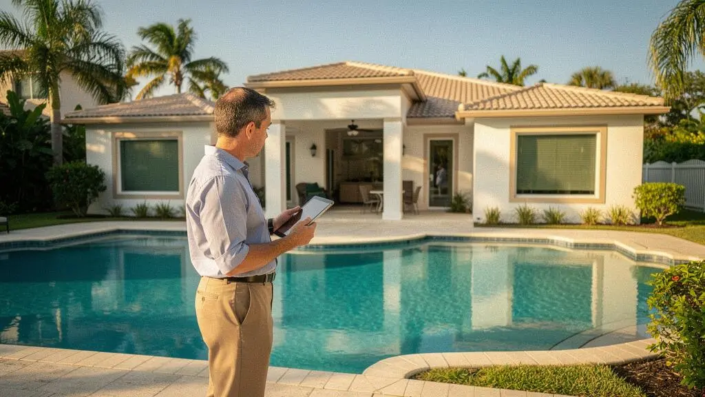 Property manager inspectant une villa locative avec piscine en Floride, tablette en main