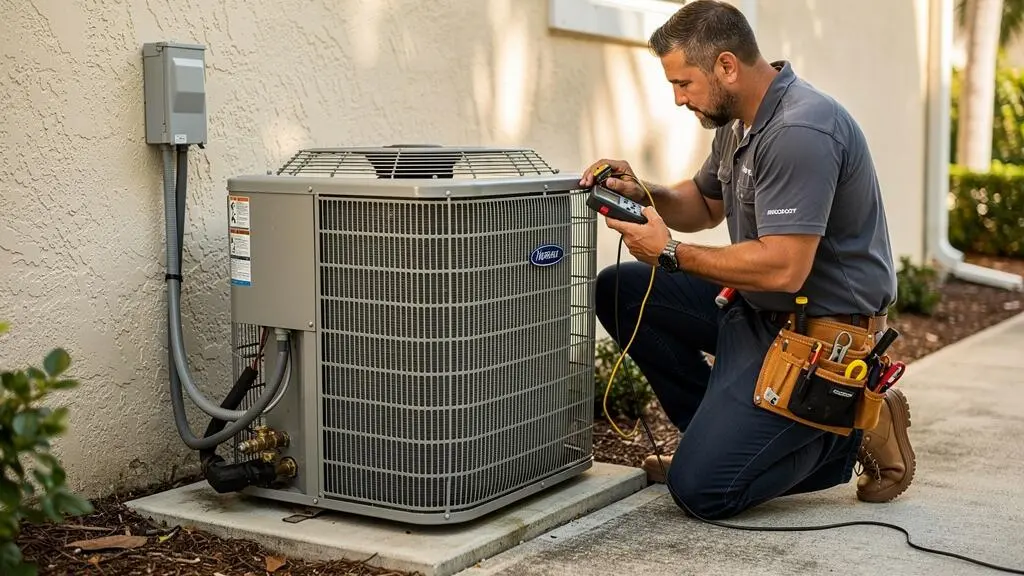 Technicien HVAC réparant une unité de climatisation extérieure d'une propriété locative en Floride