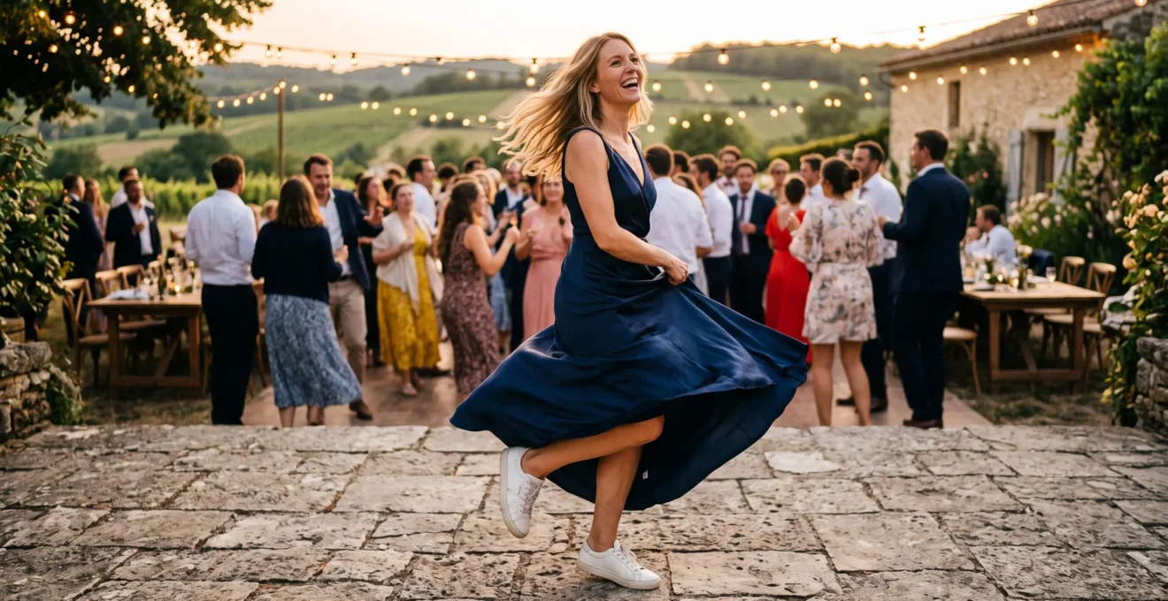Une femme en robe de soirée danse en baskets blanches lors d'une réception de mariage en extérieur.