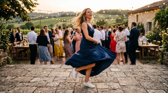 Une femme en robe de soirée danse en baskets blanches lors d'une réception de mariage en extérieur.