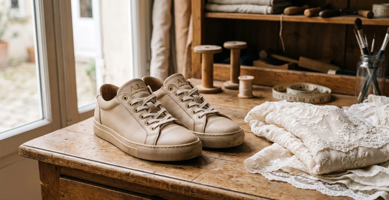 Une paire de baskets beige en cuir posée à côté d'une tenue de mariage en dentelle.