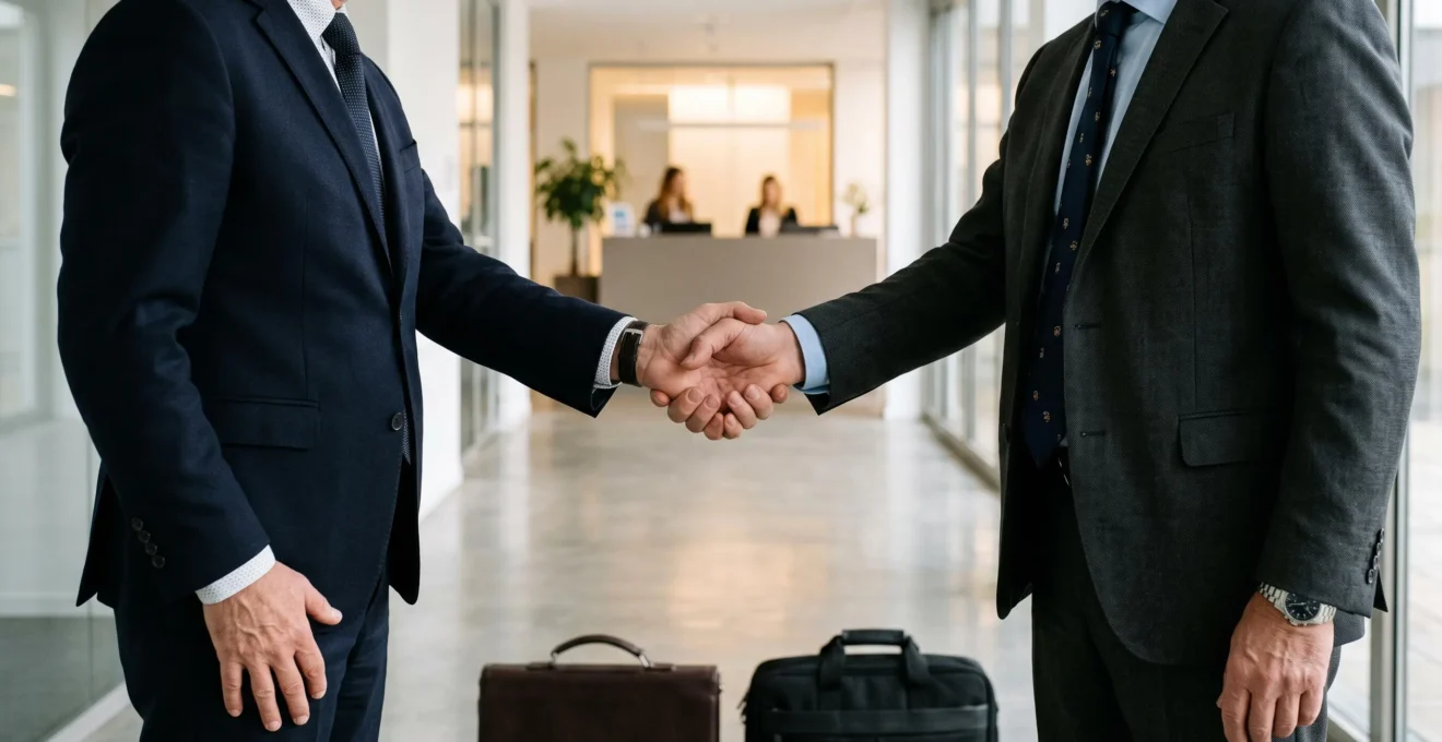 Un directeur d'entreprise serre la main d'un conseiller juridique dans un hall de bureaux.