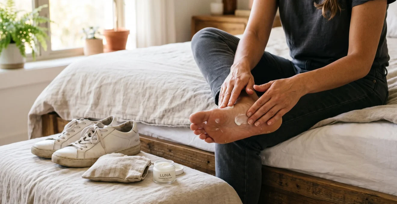 Une femme applique une crème hydratante sur son pied avant de mettre ses baskets.