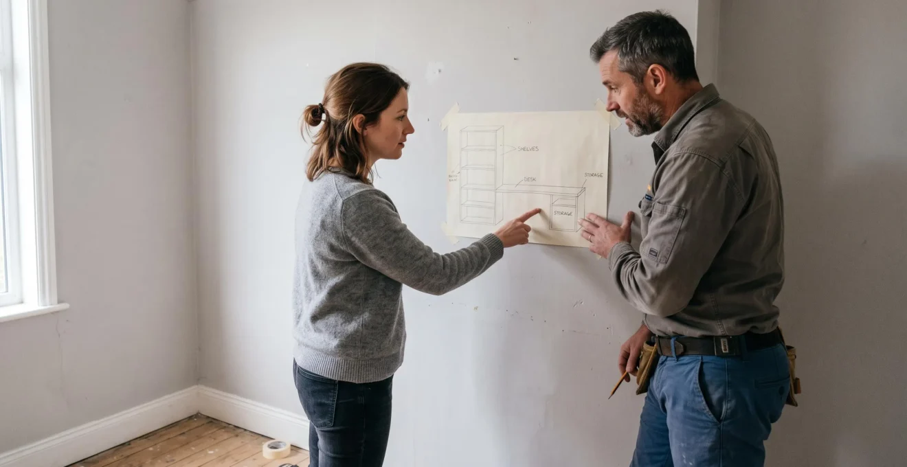 Une propriétaire discute avec un artisan devant un croquis d'agencement collé au mur.
