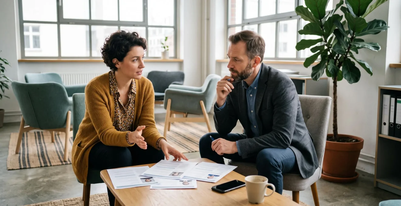 Une spécialiste du recrutement échange avec un manager autour de dossiers sur une table.